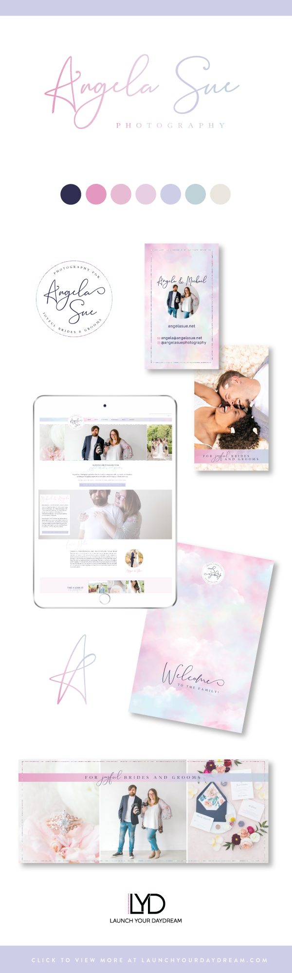 This is a romantic and colorful brand and Showit website design mockup for Angela Sue Photography in Bay Area, CA