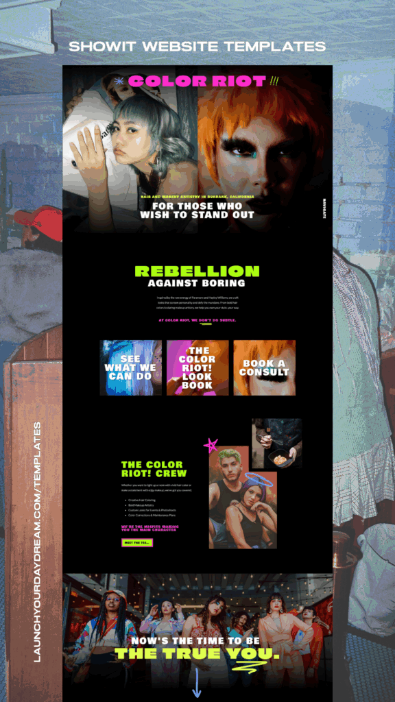 Bold, Alternative Showit website template with custom branding, colorful visuals, and strategic layout, showing how owning your website creates a long-term marketing asset beyond social media.