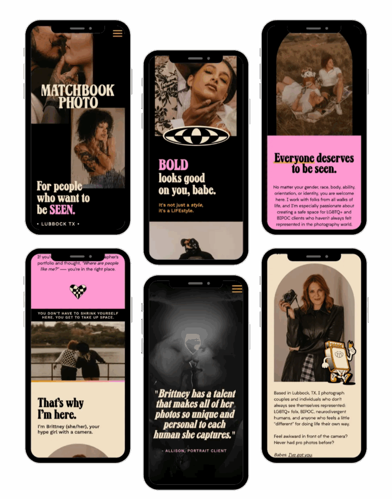 Mockup of multiple mobile screens showing a wedding creative's inclusive website pages, testimonials, and branding content, demonstrating how evergreen website content builds long-term visibility beyond social media posts.
